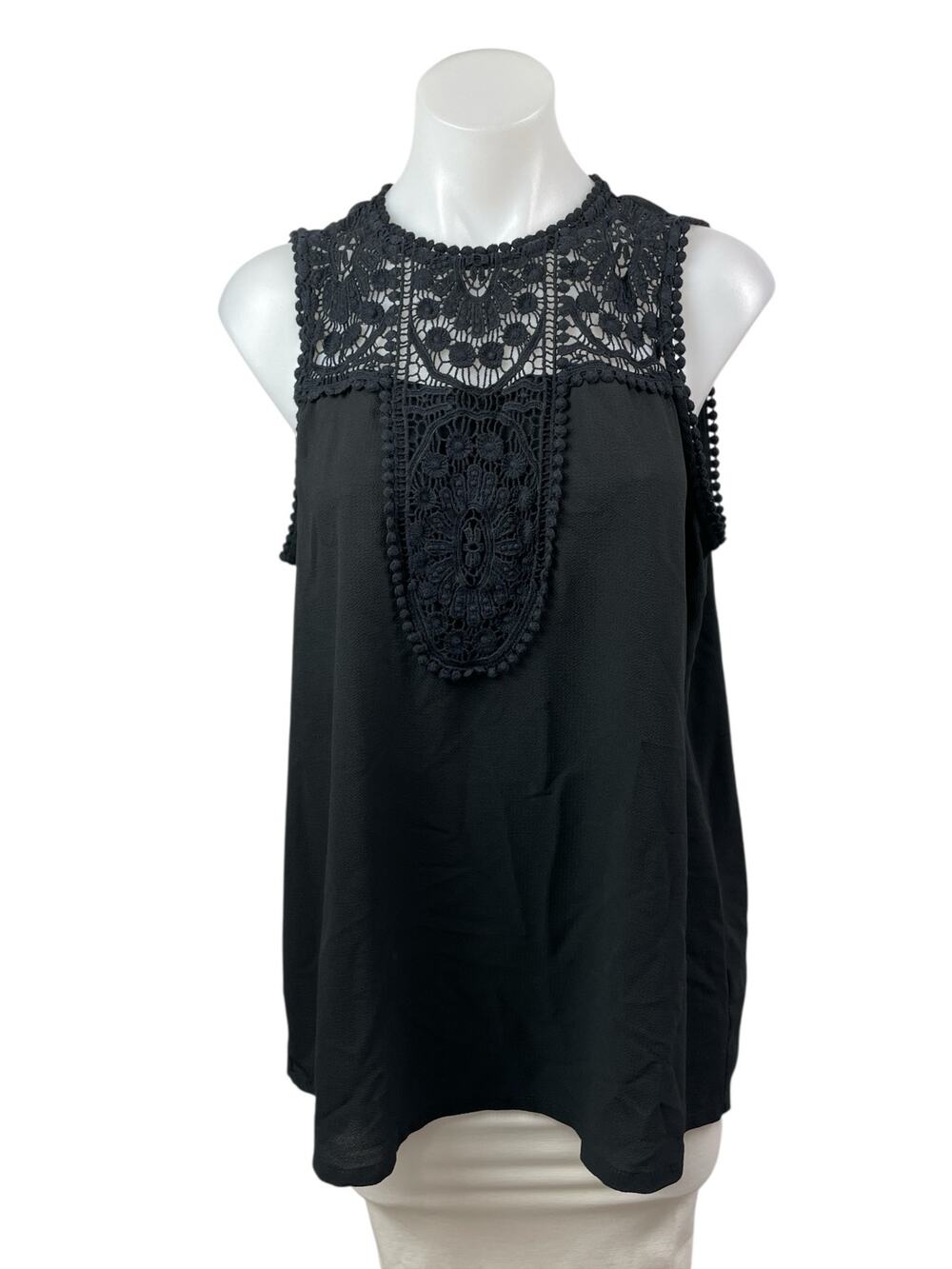Halogen Women's Black Floral Lace Crochet Pompom Sleeveless Blouse Top Size 1